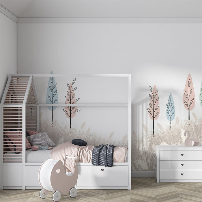 Nursery room wallpaper | Stylized trees and soft grass in pastel tones