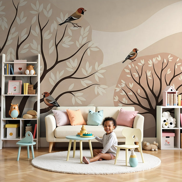 Papel pintado para habitación de bebé | Árboles estilizados y pájaros en tonos suaves