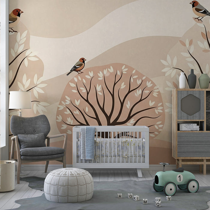 Papel pintado para habitación de bebé | Árboles estilizados y pájaros en tonos suaves