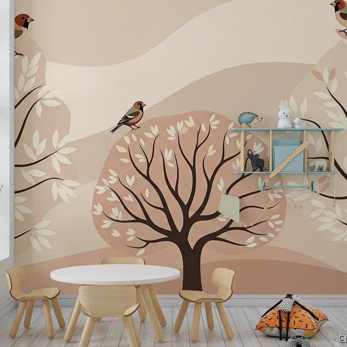Papel pintado para habitación de bebé | Árboles estilizados y pájaros en tonos suaves