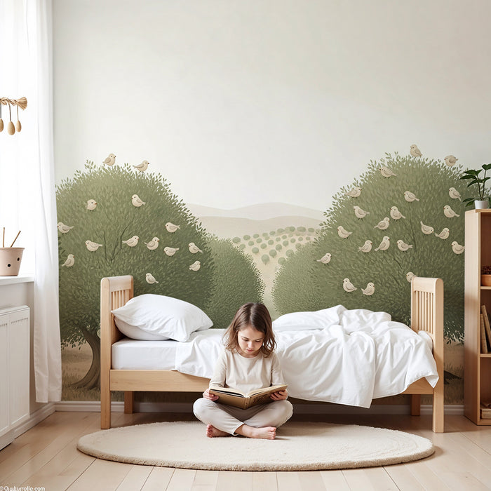 Papier peint chambre bébé | Arbres verdoyants avec oiseaux mignons