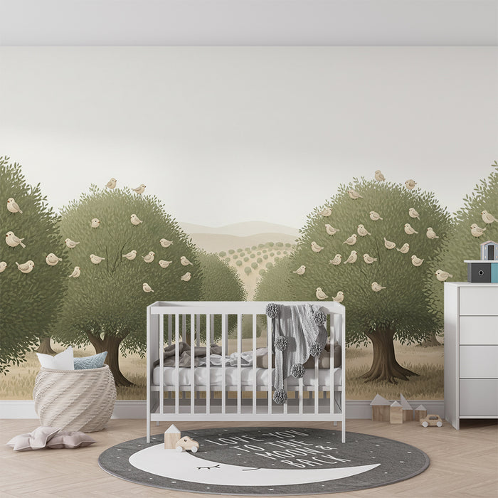 Papier peint chambre bébé | Arbres verdoyants avec oiseaux mignons