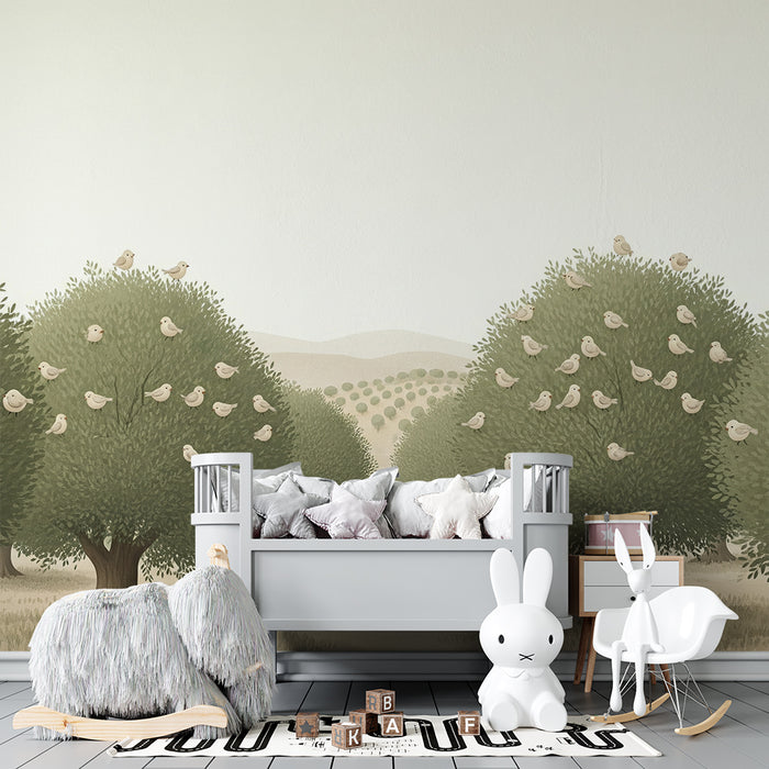 Papier peint chambre bébé | Arbres verdoyants avec oiseaux mignons