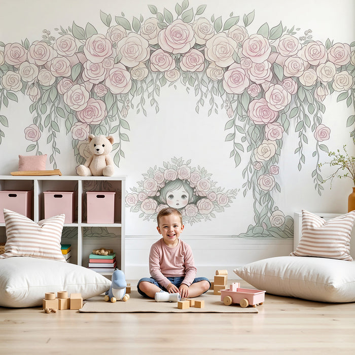 Barntapet | Båge av delikata rosor och barnansikte