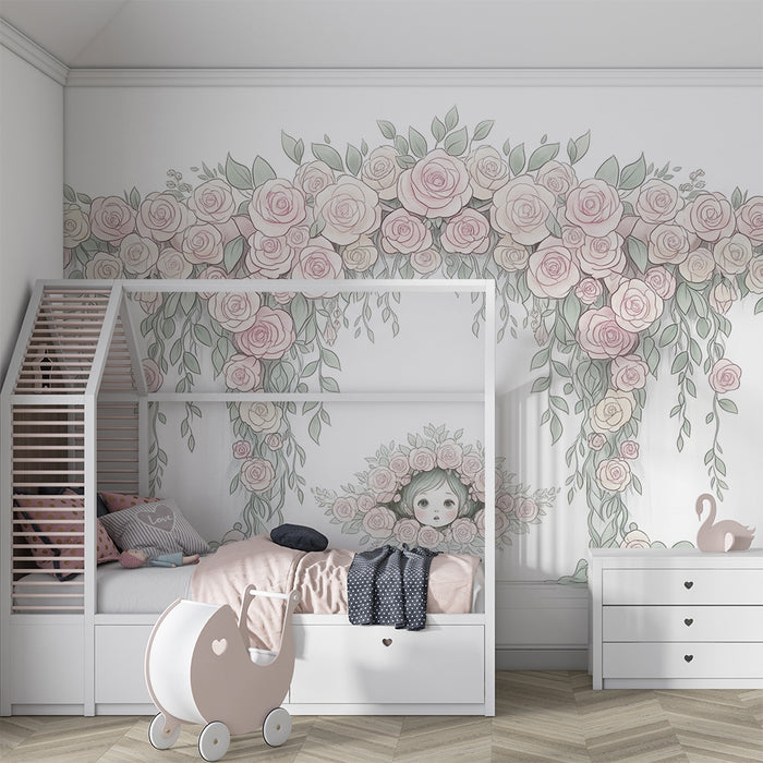 Barntapet | Båge av delikata rosor och barnansikte