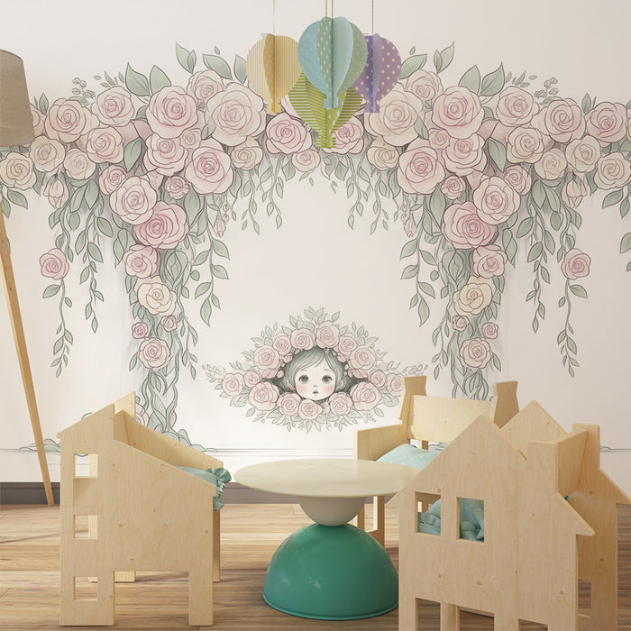 Barntapet | Båge av delikata rosor och barnansikte
