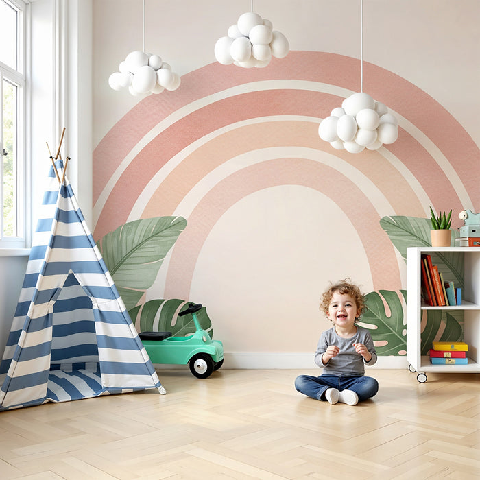 Barntapet | Regnbåge i rosa toner och tropiskt lövverk