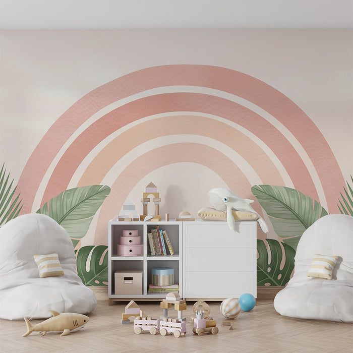 Barntapet | Regnbåge i rosa toner och tropiskt lövverk