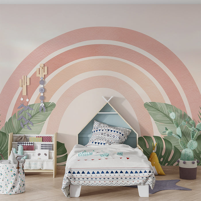 Barntapet | Regnbåge i rosa toner och tropiskt lövverk