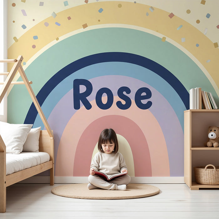 Tapety dla dzieci | Kolorowy tęczowy wzór z konfetti i słowem 'Różowy'