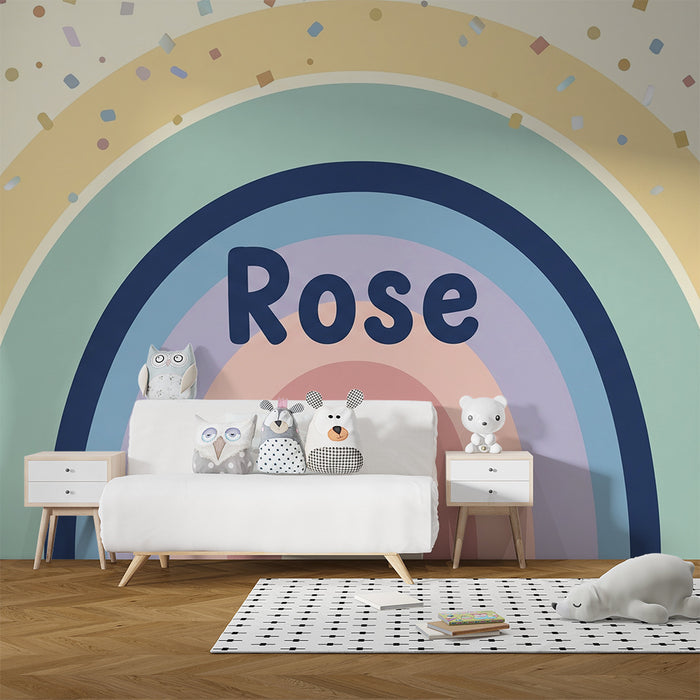 Tapety dla dzieci | Kolorowy tęczowy wzór z konfetti i słowem 'Różowy'