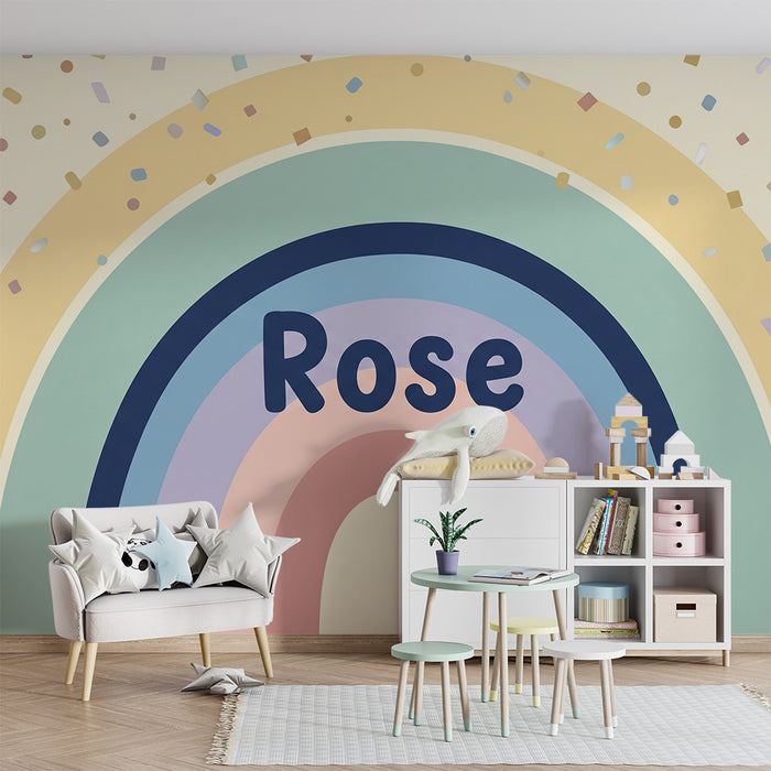 Tapety dla dzieci | Kolorowy tęczowy wzór z konfetti i słowem 'Różowy'