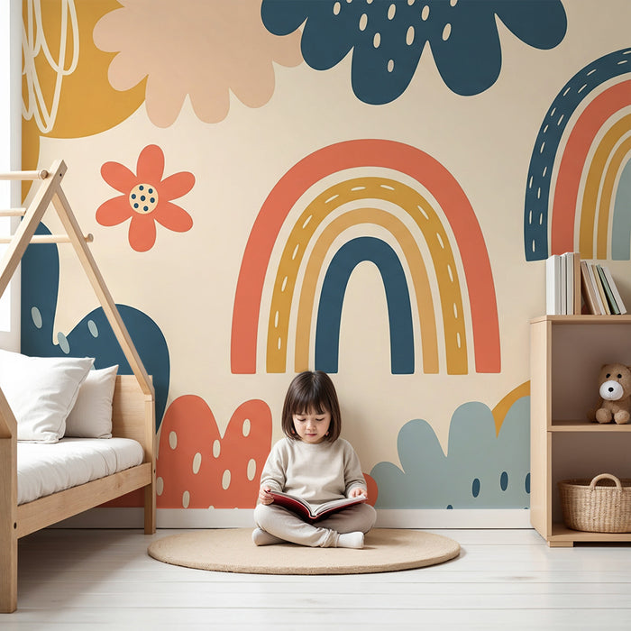 Babykamer behang | Kleurrijke regenboog en speelse bloemmotieven