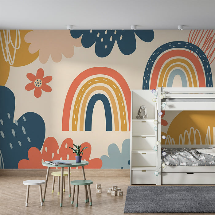 Babykamer behang | Kleurrijke regenboog en speelse bloemmotieven