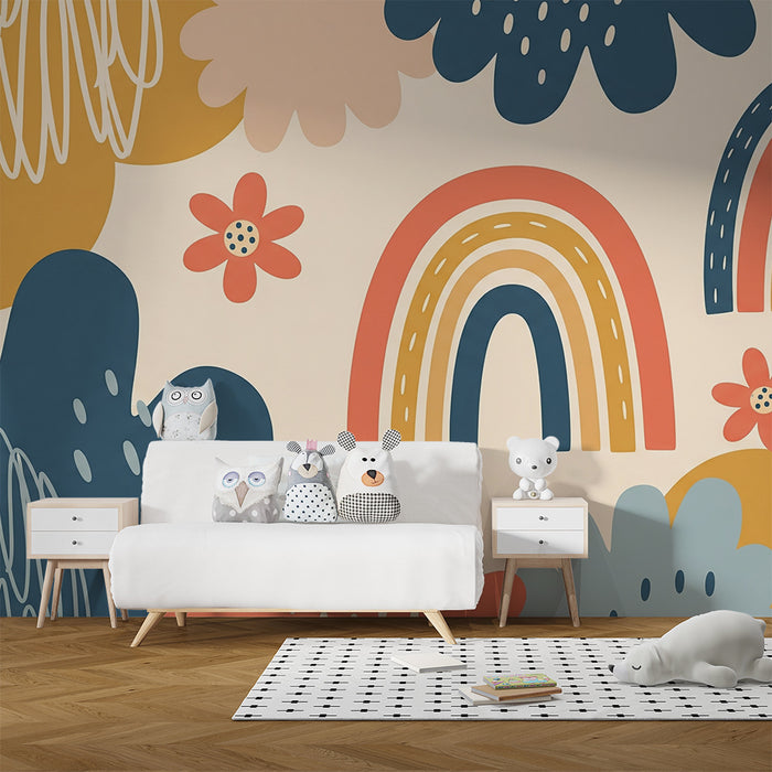 Babykamer behang | Kleurrijke regenboog en speelse bloemmotieven