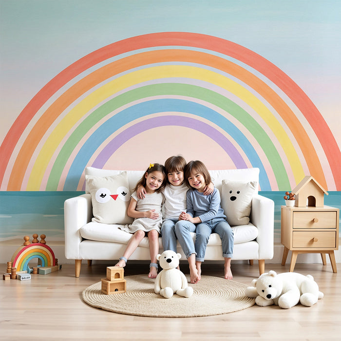 Barntapet | Färgglatt regnbåge mot lugnt havsblått bakgrund