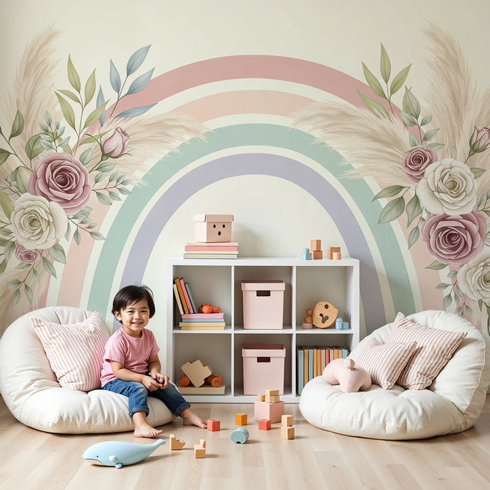 Babykamer behang | Delicate regenboog met bloemen en bladeren