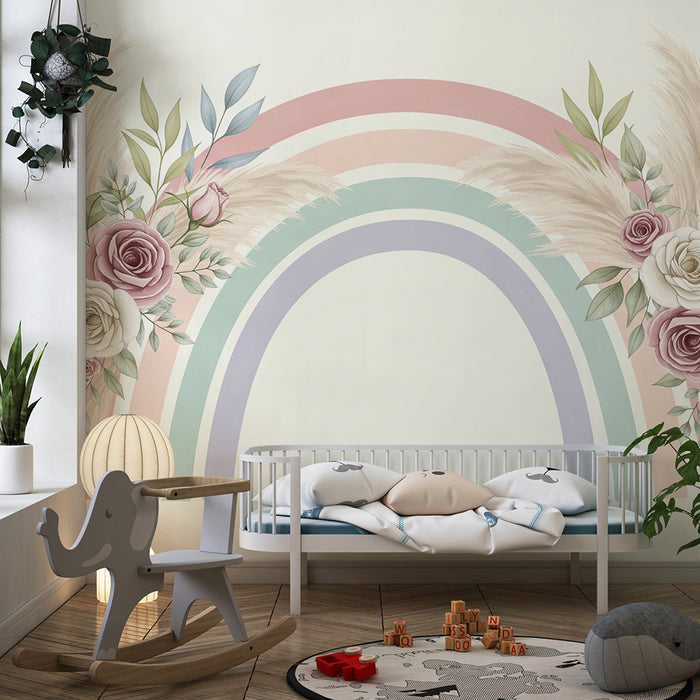 Babykamer behang | Delicate regenboog met bloemen en bladeren