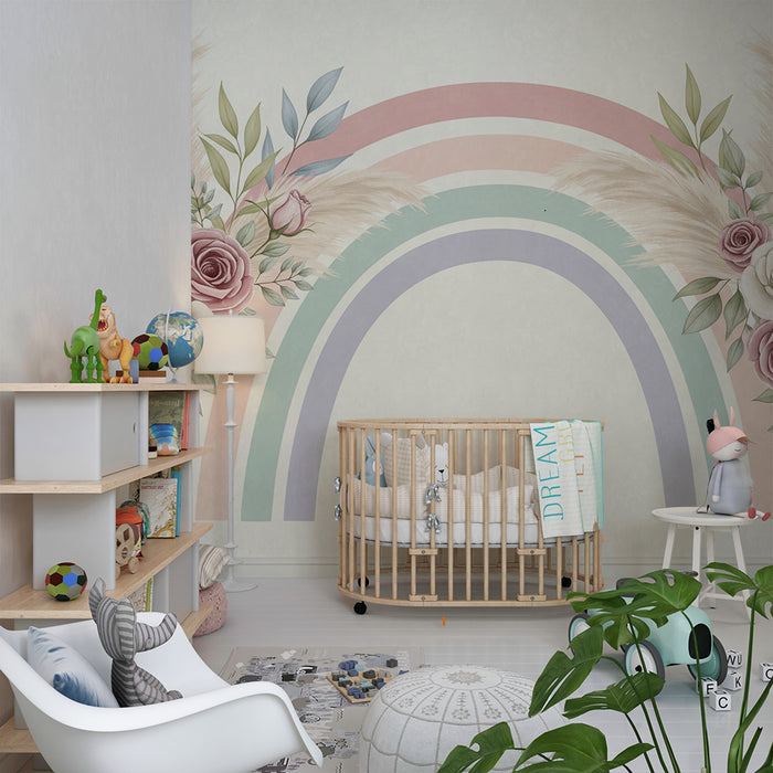 Babykamer behang | Delicate regenboog met bloemen en bladeren