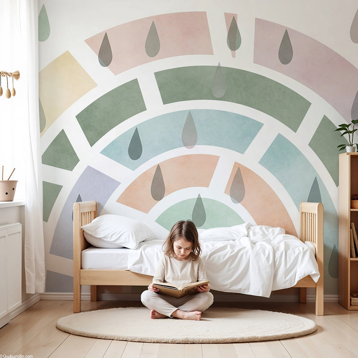 Barntapet | Mjuk regnbåge med pastellregndroppar