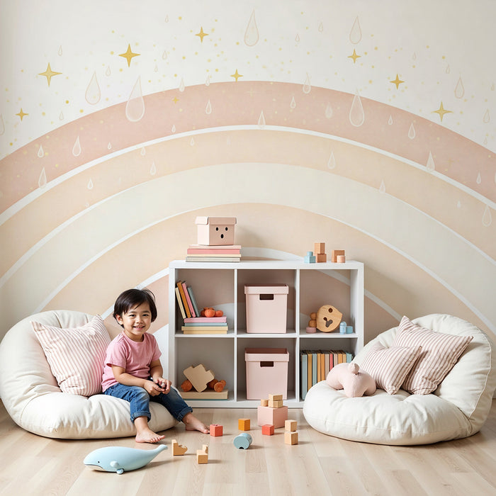 Barntapet | Mjuk regnbåge med droppar och gyllene stjärnor