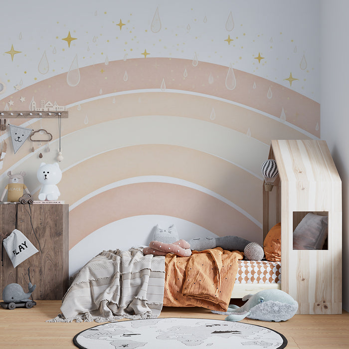 Barntapet | Mjuk regnbåge med droppar och gyllene stjärnor