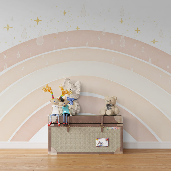 Barntapet | Mjuk regnbåge med droppar och gyllene stjärnor