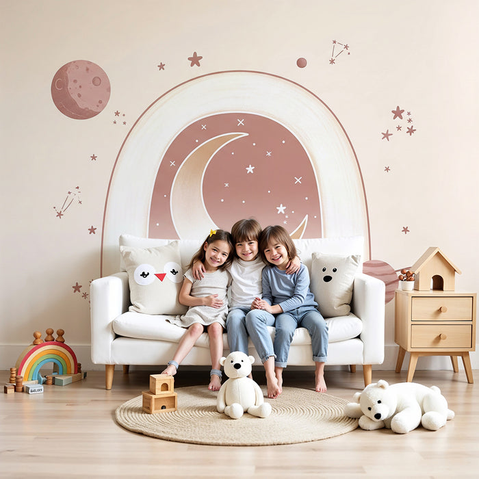 Papier peint chambre bébé | Arc-en-ciel doux avec lune et étoiles