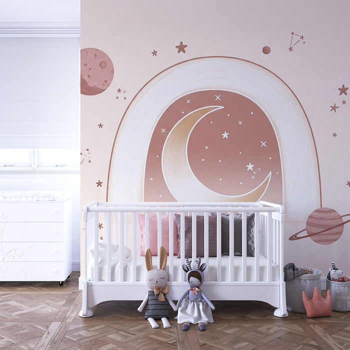 Papier peint chambre bébé | Arc-en-ciel doux avec lune et étoiles