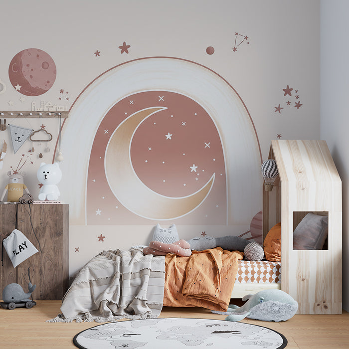 Papier peint chambre bébé | Arc-en-ciel doux avec lune et étoiles