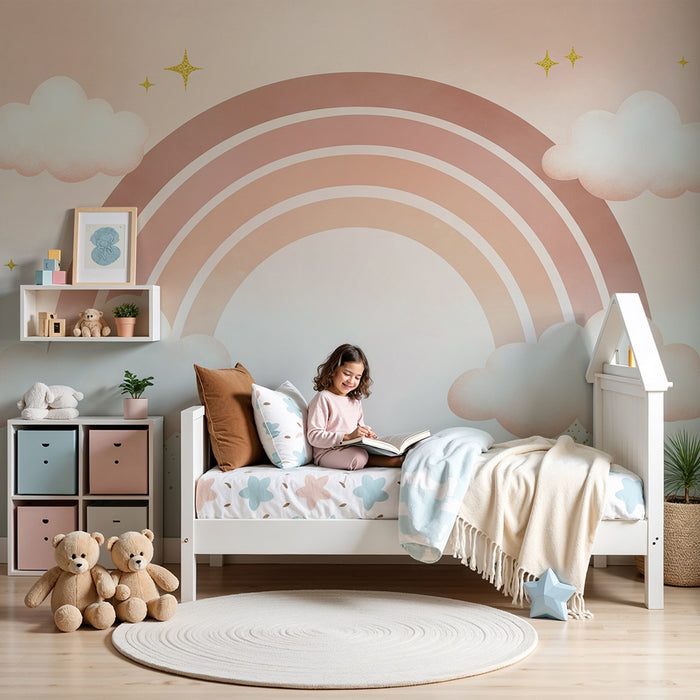 Barntapet | Mjuk regnbåge med moln och gyllene stjärnor