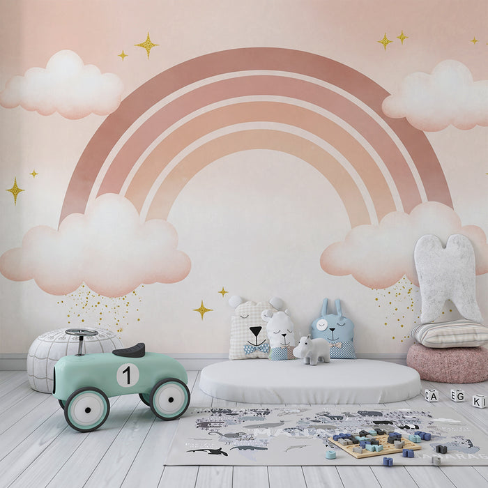Barntapet | Mjuk regnbåge med moln och gyllene stjärnor