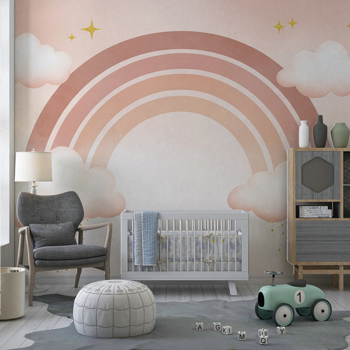 Barntapet | Mjuk regnbåge med moln och gyllene stjärnor