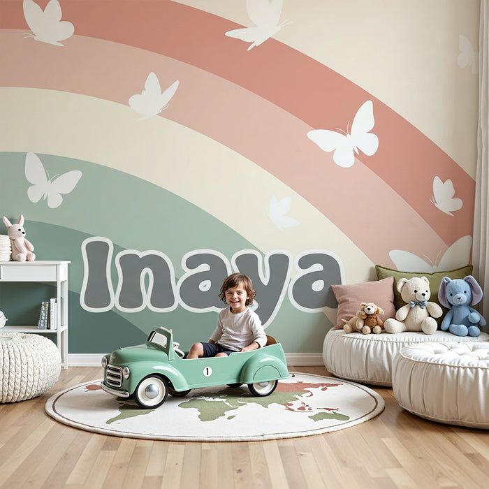 Nursery room wallpaper | Soft rainbow with white butterflies