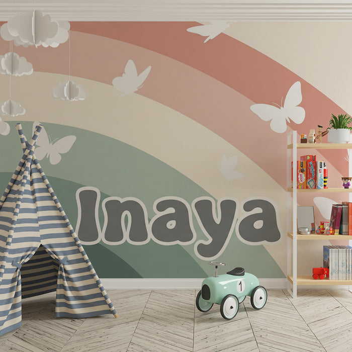 Nursery room wallpaper | Soft rainbow with white butterflies