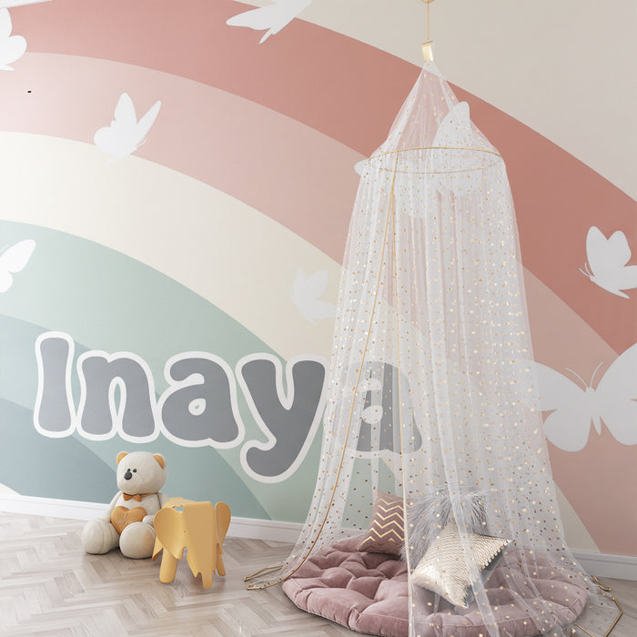 Nursery room wallpaper | Soft rainbow with white butterflies