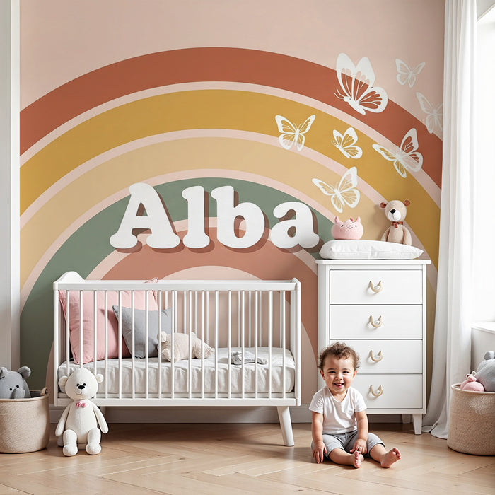 Papel de parede para quarto de bebé | Arco-íris suave com borboletas delicadas