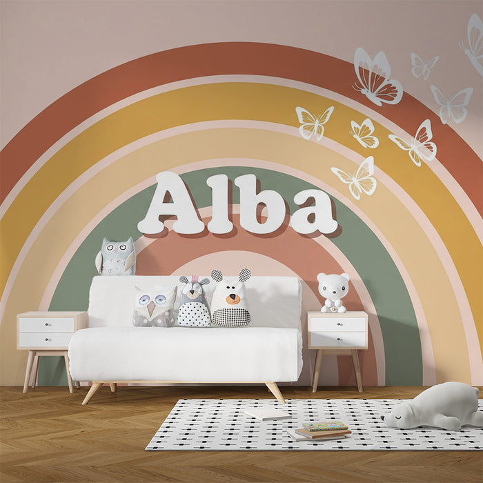 Papel de parede para quarto de bebé | Arco-íris suave com borboletas delicadas