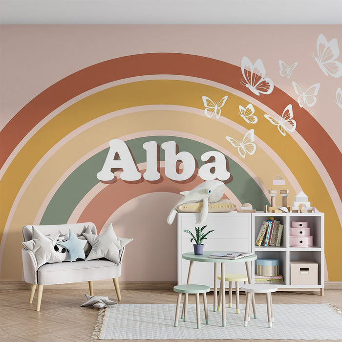 Papel de parede para quarto de bebé | Arco-íris suave com borboletas delicadas