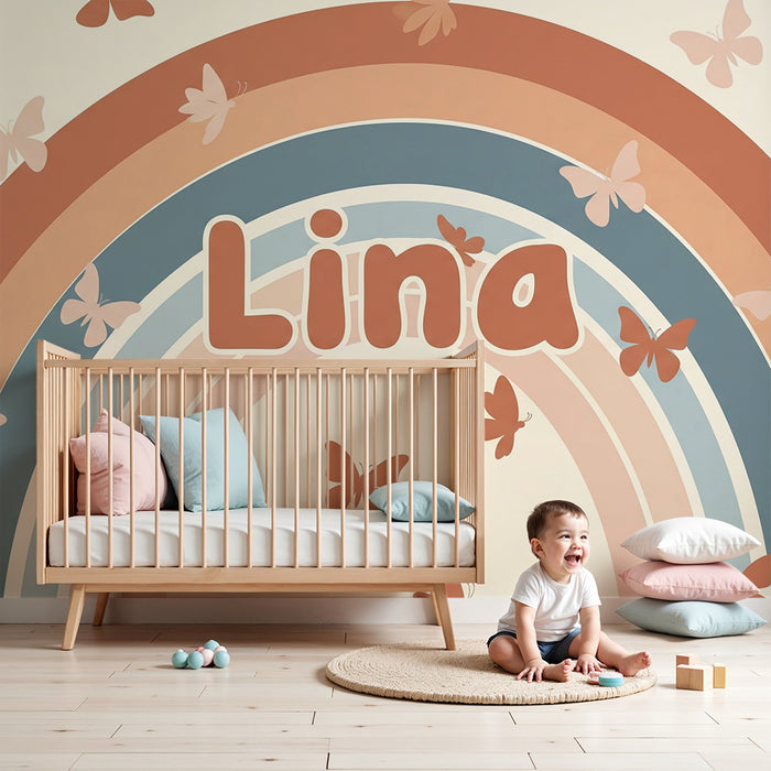 Nursery room wallpaper | Soft rainbow with delicate butterflies