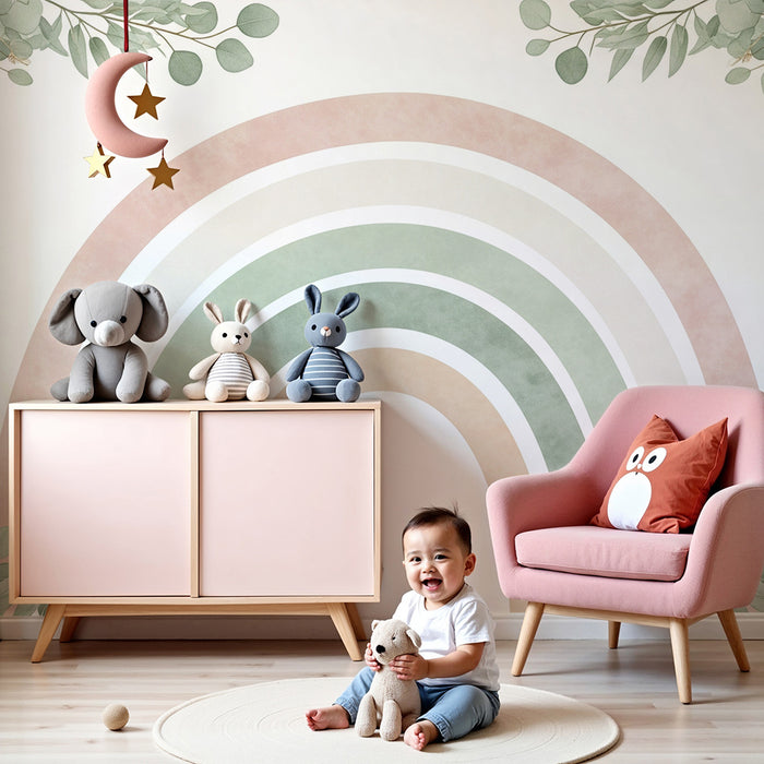 Barntapet | Mjuk regnbåge omgiven av delikat lövverk
