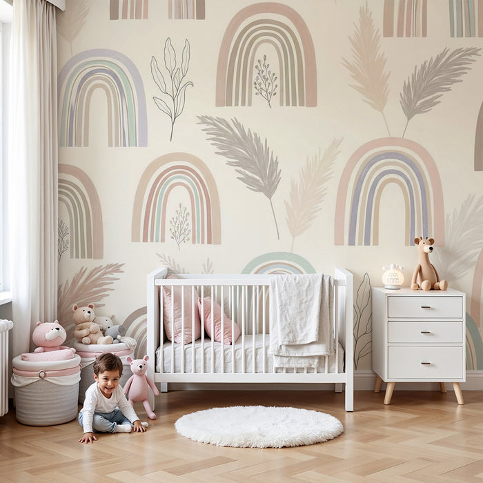 Papel pintado infantil | Arco iris suave y hojas delicadas sobre fondo claro