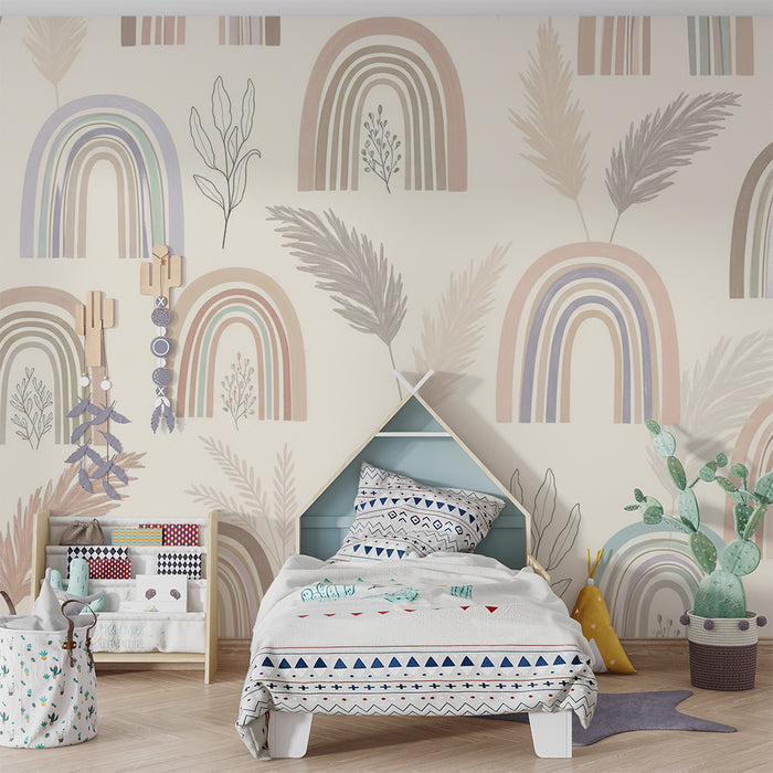 Papel pintado infantil | Arco iris suave y hojas delicadas sobre fondo claro