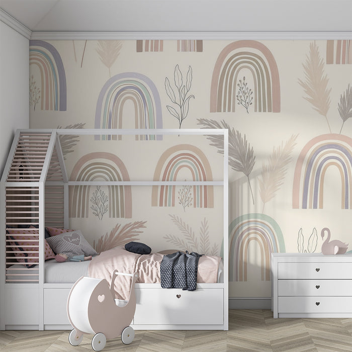 Papel pintado infantil | Arco iris suave y hojas delicadas sobre fondo claro