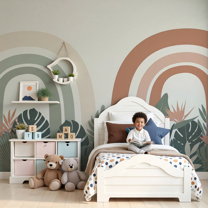 Barntapet | Mjuk regnbåge och lugnande tropisk lövverk