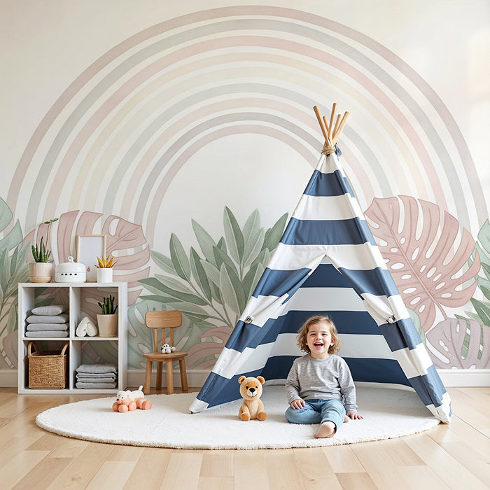 Barntapet | Mjuk regnbåge och pastellfärgad tropisk lövverk