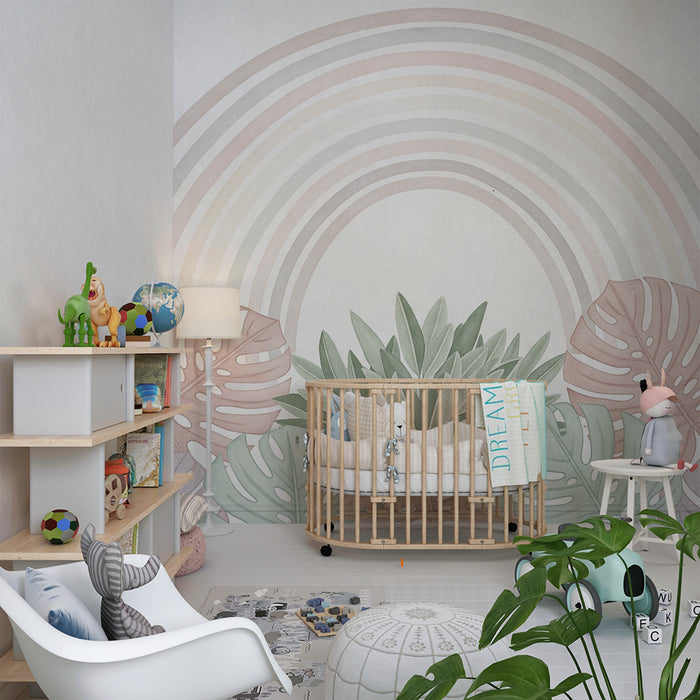 Barntapet | Mjuk regnbåge och pastellfärgad tropisk lövverk