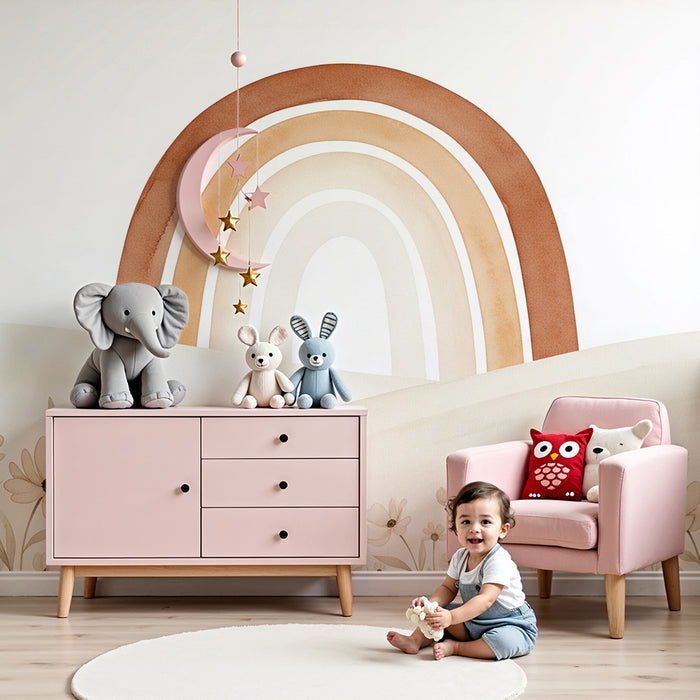 Barntapet | Mjuk regnbåge och delikata blommor i pastellfärger