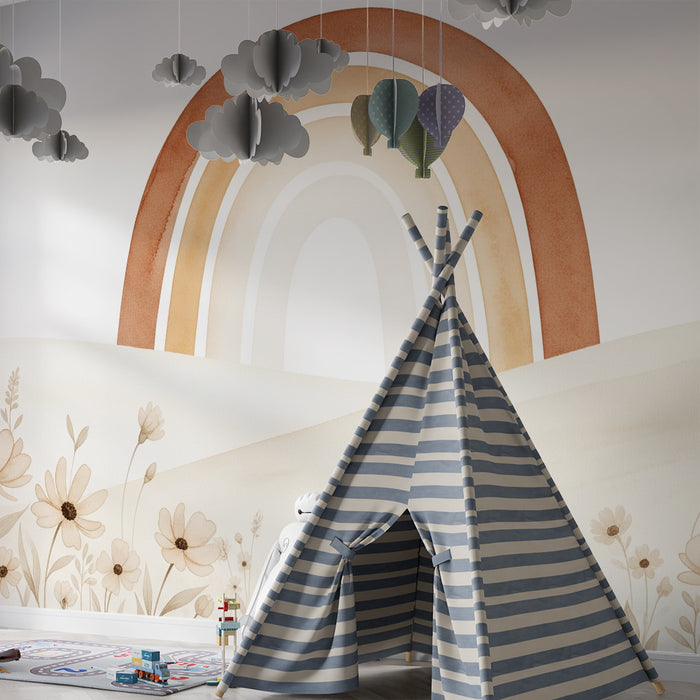 Barntapet | Mjuk regnbåge och delikata blommor i pastellfärger