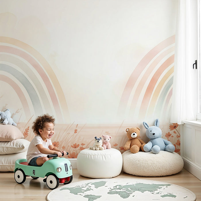 Barntapet | Mjuk regnbåge och delikata blommor i en lugnande miljö